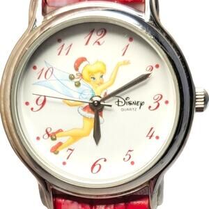 Disney Tinker Bell Holiday Quartz Watch Silver Red Leather